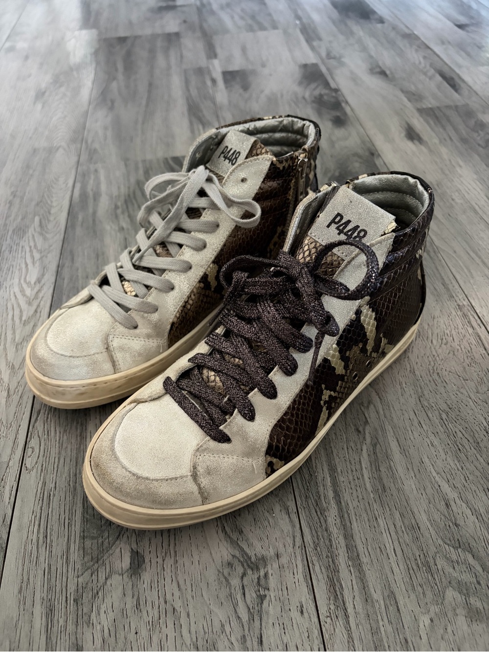 P448 Skate Women's High-Top Sneakers in Taupe & Brown Snake Print